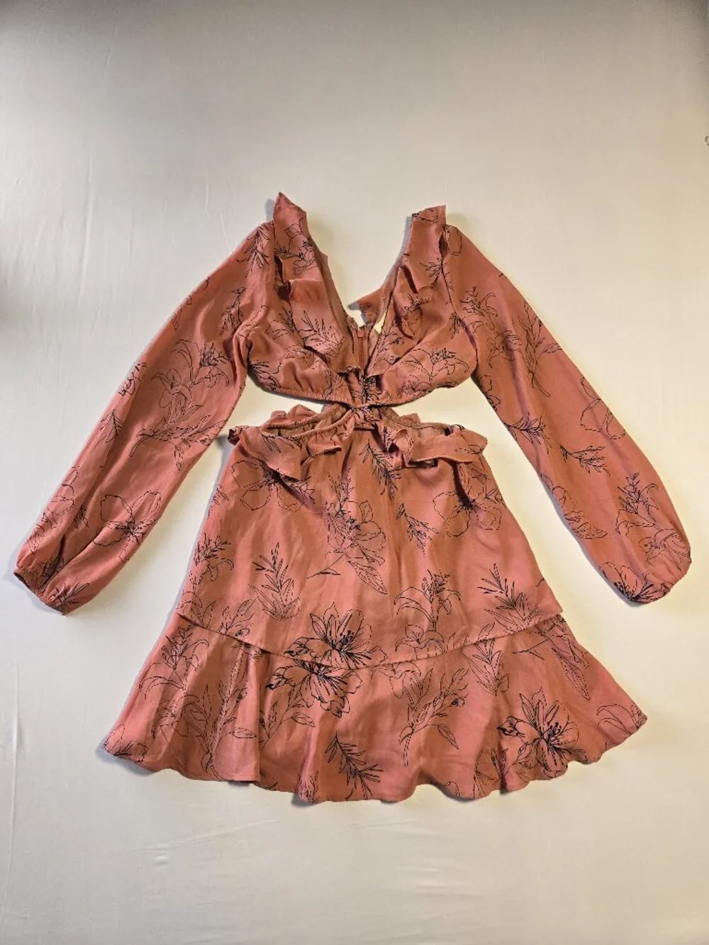 Open Edit Nordstrom Mini Dress Size S Pink Floral Cutout Long Sleeve Ruffle